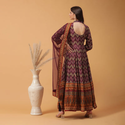 Poshek Luxe Purple All Over Printed Anarkali with Dupatta Set