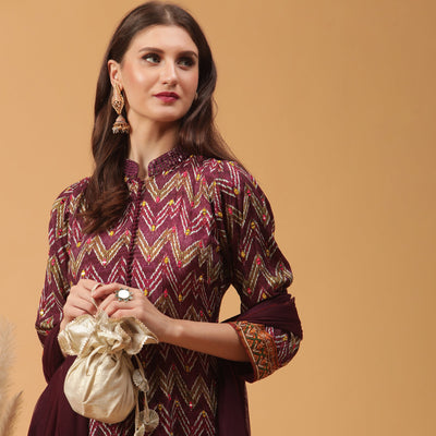 Poshek Luxe Purple All Over Printed Anarkali with Dupatta Set