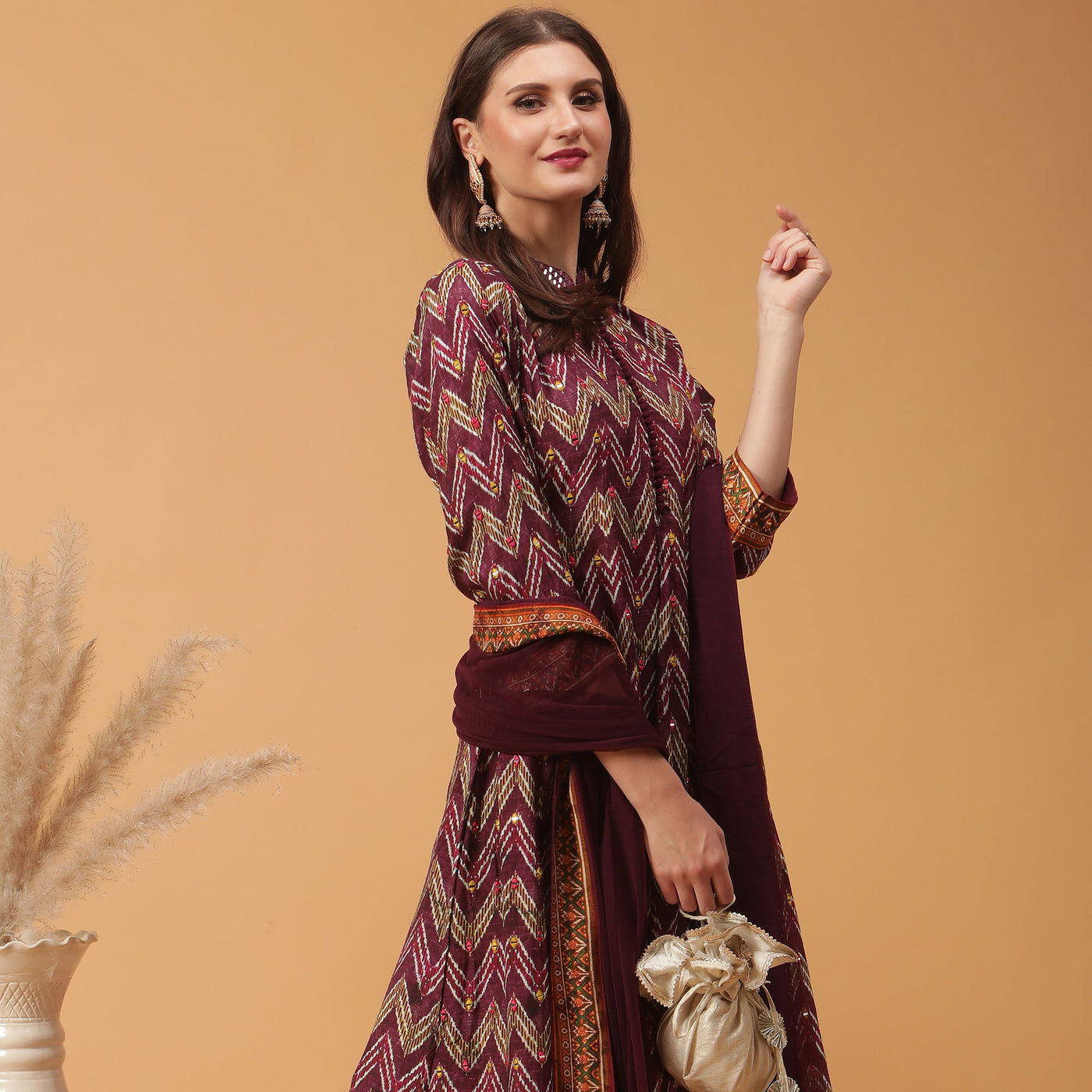 Poshek Luxe Purple All Over Printed Anarkali with Dupatta Set