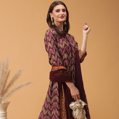 Poshek Luxe Purple All Over Printed Anarkali with Dupatta Set