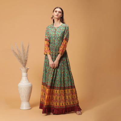 Poshek Luxe Green All Over Printed Anarkali Gown With U-Shape Neckline