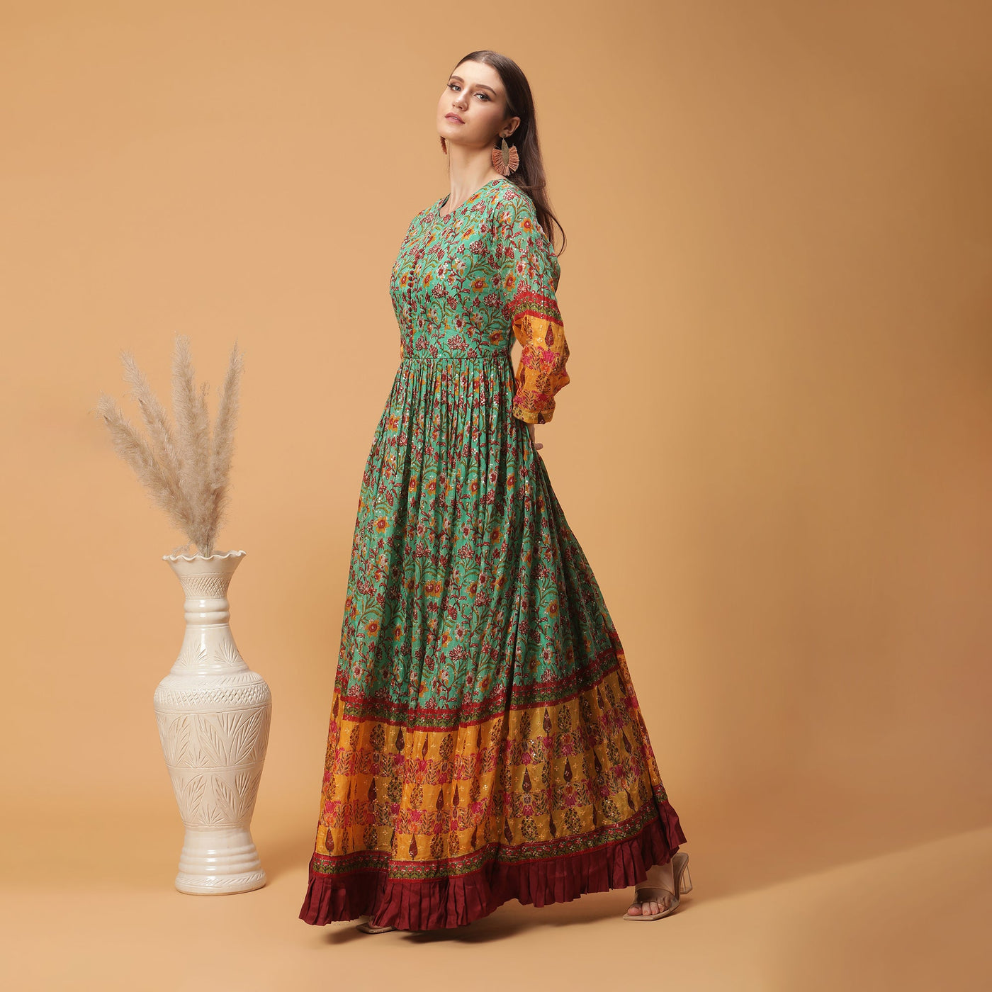 Poshek Luxe Green All Over Printed Anarkali Gown With U-Shape Neckline