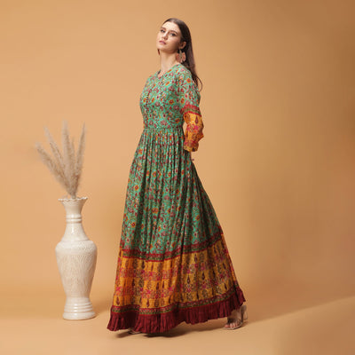 Poshek Luxe Green All Over Printed Anarkali Gown With U-Shape Neckline