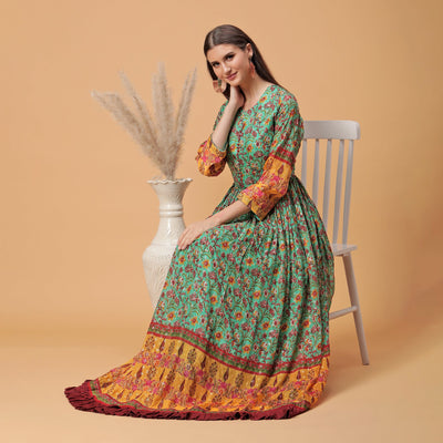 Poshek Luxe Green All Over Printed Anarkali Gown With U-Shape Neckline