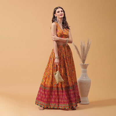 Poshek Luxe Printed And Embroidered Lehanga with Dupatta Set