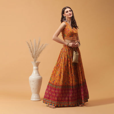 Poshek Luxe Printed And Embroidered Lehanga with Dupatta Set
