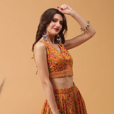 Poshek Luxe Printed And Embroidered Lehanga with Dupatta Set