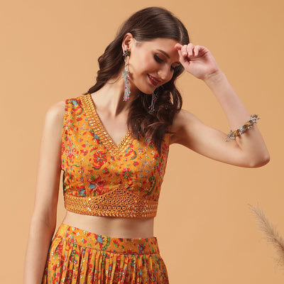 Poshek Luxe Printed And Embroidered Lehanga with Dupatta Set