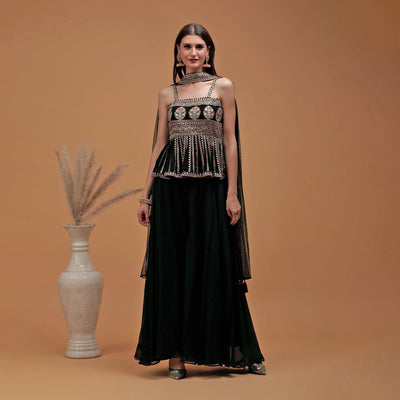 Poshek Luxe DarkGreen Embroidered Peplum with Sharara and Dupatta Set