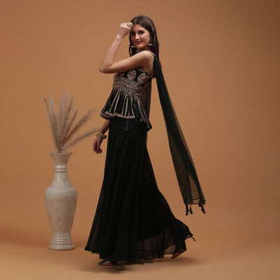 Poshek Luxe DarkGreen Embroidered Peplum with Sharara and Dupatta Set