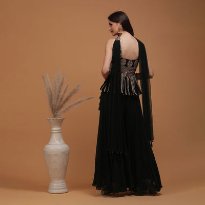 Poshek Luxe DarkGreen Embroidered Peplum with Sharara and Dupatta Set