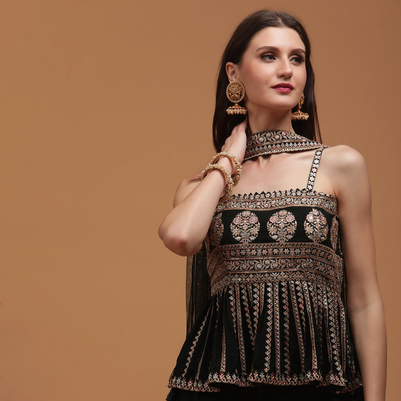 Poshek Luxe DarkGreen Embroidered Peplum with Sharara and Dupatta Set