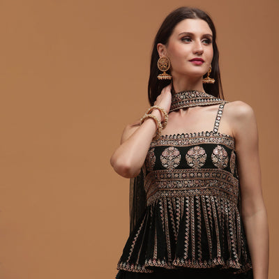 Poshek Luxe DarkGreen Embroidered Peplum with Sharara and Dupatta Set