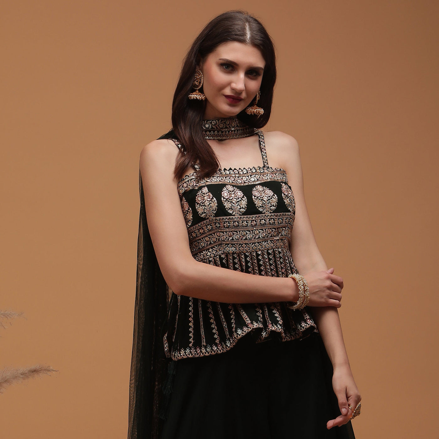 Poshek Luxe DarkGreen Embroidered Peplum with Sharara and Dupatta Set