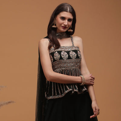 Poshek Luxe DarkGreen Embroidered Peplum with Sharara and Dupatta Set