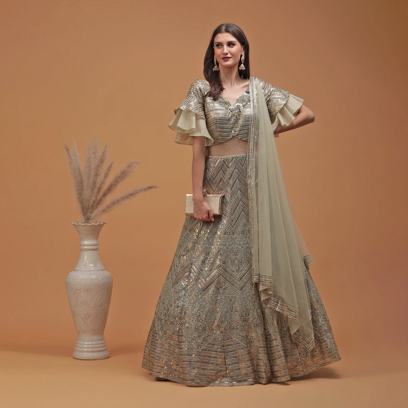 Poshek Luxe Dusty Green Coloured Sequinned Lehenga with Dupatta Set