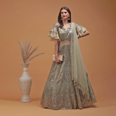 Poshek Luxe Dusty Green Coloured Sequinned Lehenga with Dupatta Set