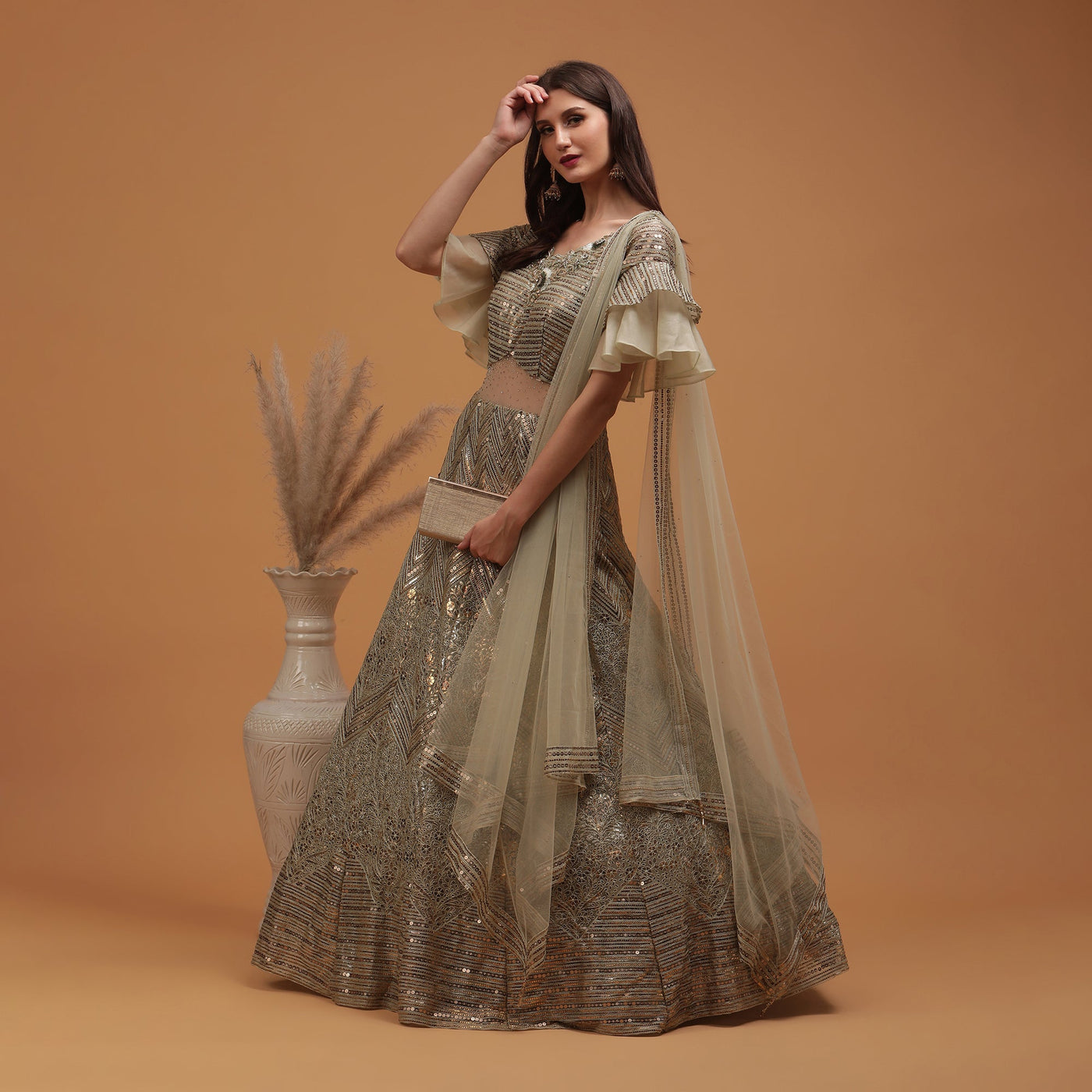 Poshek Luxe Dusty Green Coloured Sequinned Lehenga with Dupatta Set