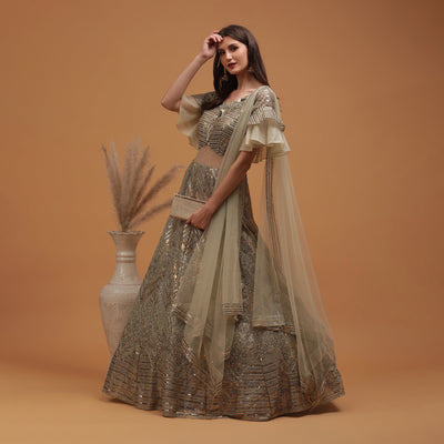 Poshek Luxe Dusty Green Coloured Sequinned Lehenga with Dupatta Set