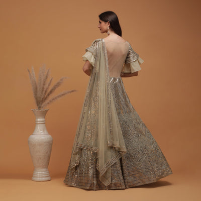 Poshek Luxe Dusty Green Coloured Sequinned Lehenga with Dupatta Set