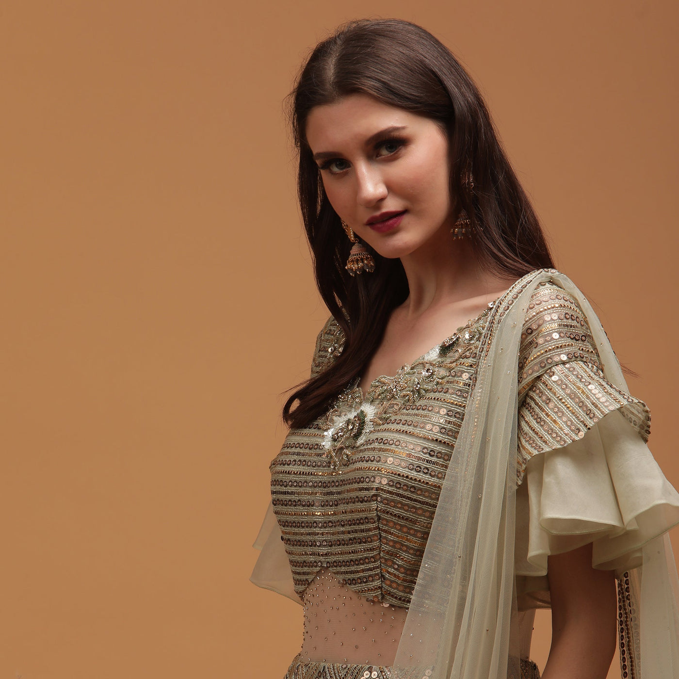 Poshek Luxe Dusty Green Coloured Sequinned Lehenga with Dupatta Set