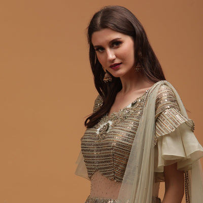 Poshek Luxe Dusty Green Coloured Sequinned Lehenga with Dupatta Set