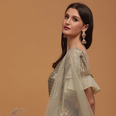 Poshek Luxe Dusty Green Coloured Sequinned Lehenga with Dupatta Set