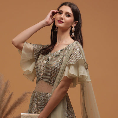 Poshek Luxe Dusty Green Coloured Sequinned Lehenga with Dupatta Set
