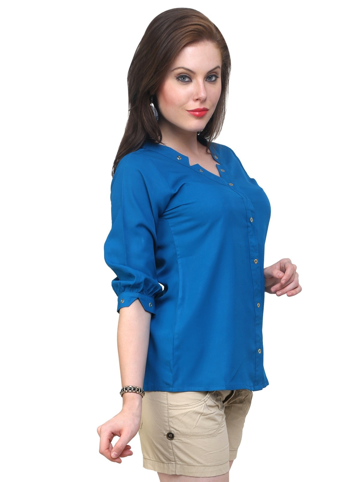 Pannkh Women's Blue Shirt Top With Detailed Notch Designs