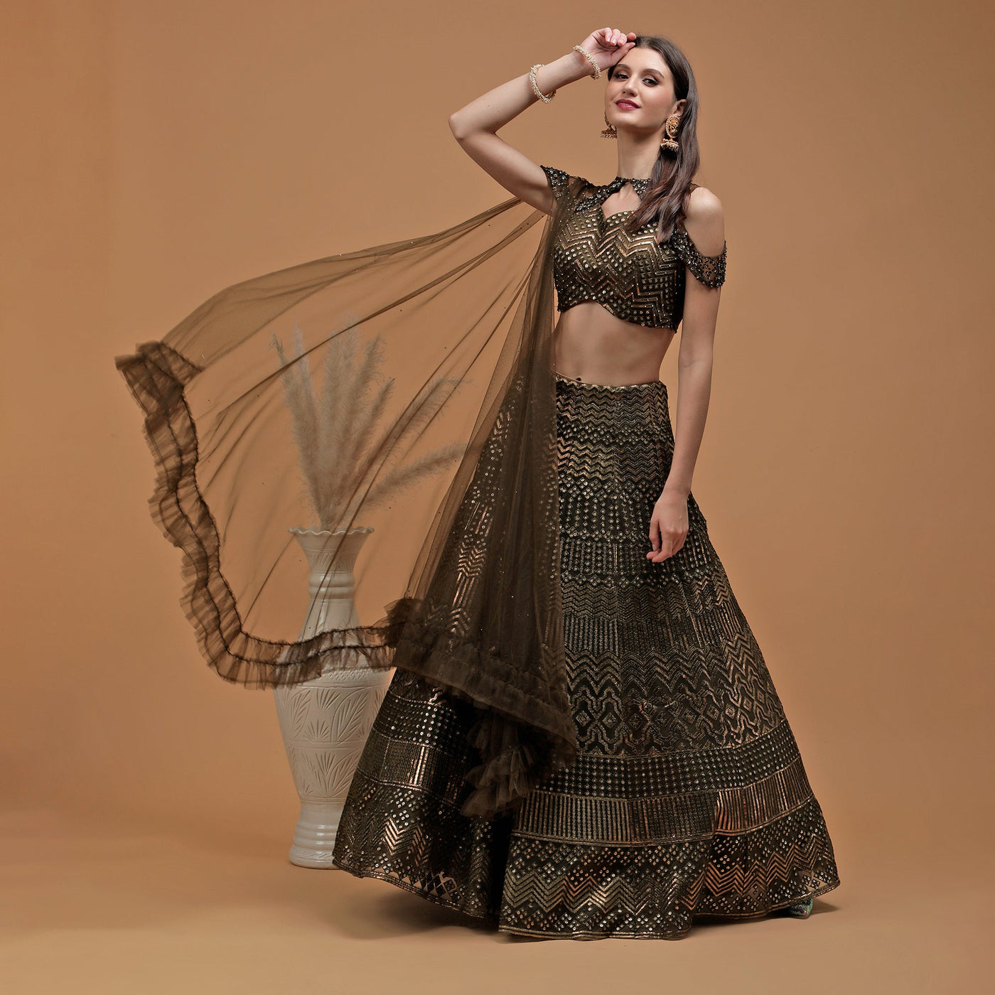 Poshek Luxe Mehendi Green Sequin Embroidered Lehenga with Dupatta Set