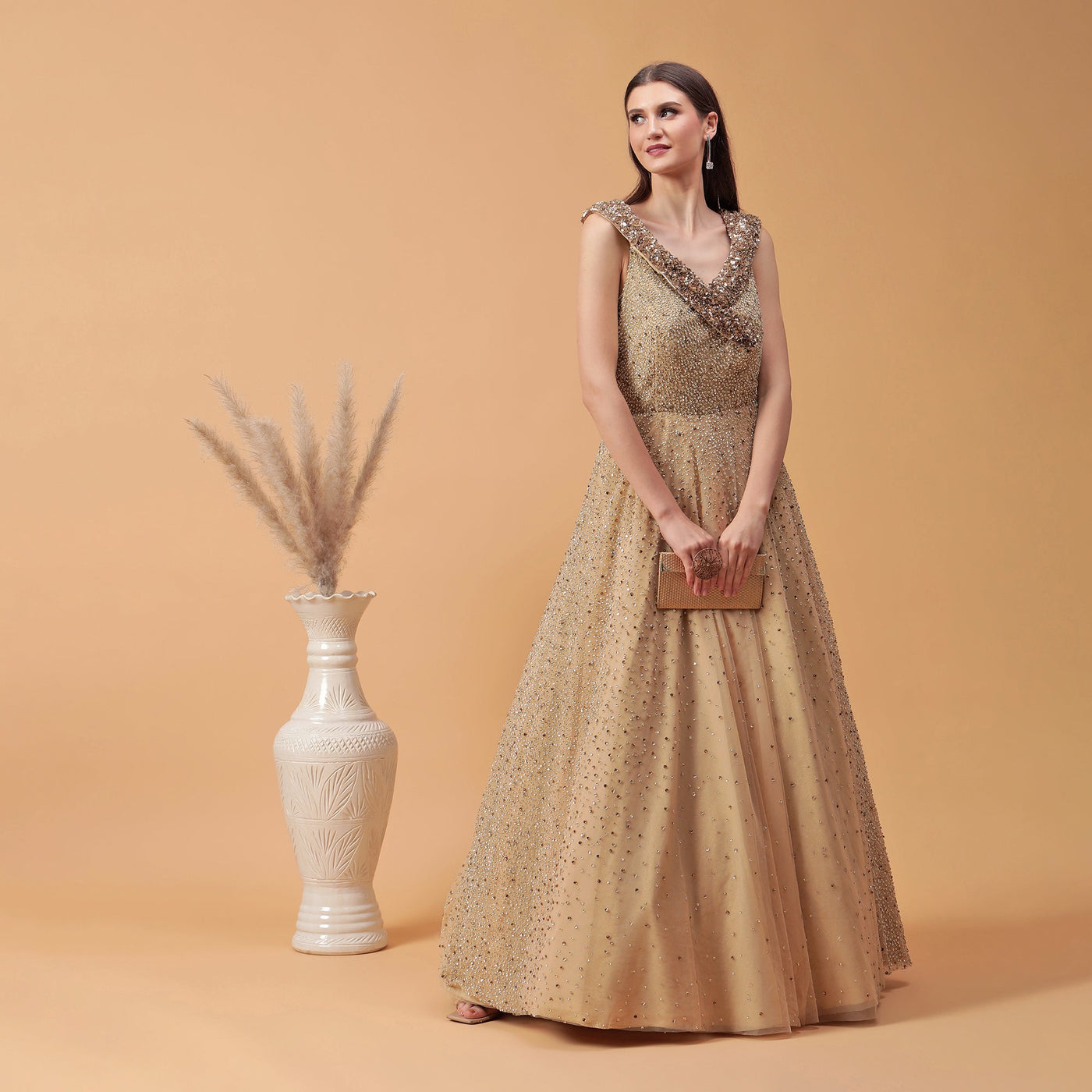 Poshek Luxe Golden Heavy Embellished Yoke Collar Off-Shoulder Gown