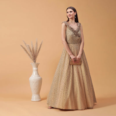 Poshek Luxe Golden Heavy Embellished Yoke Collar Off-Shoulder Gown