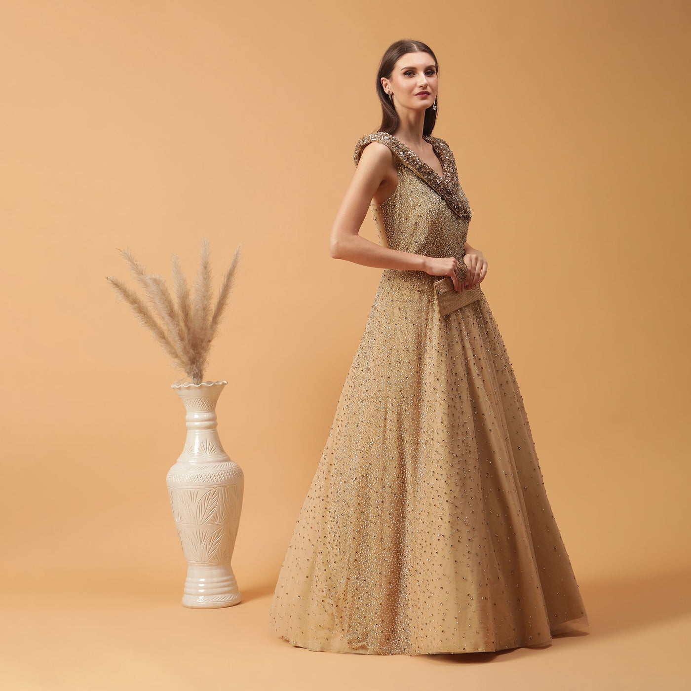 Poshek Luxe Golden Heavy Embellished Yoke Collar Off-Shoulder Gown