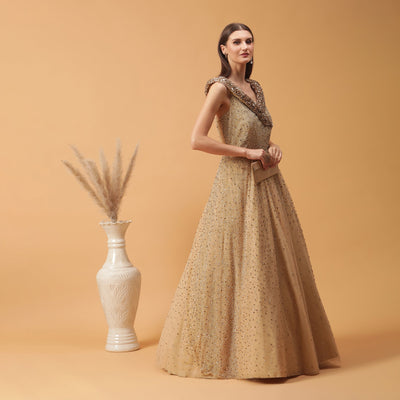 Poshek Luxe Golden Heavy Embellished Yoke Collar Off-Shoulder Gown