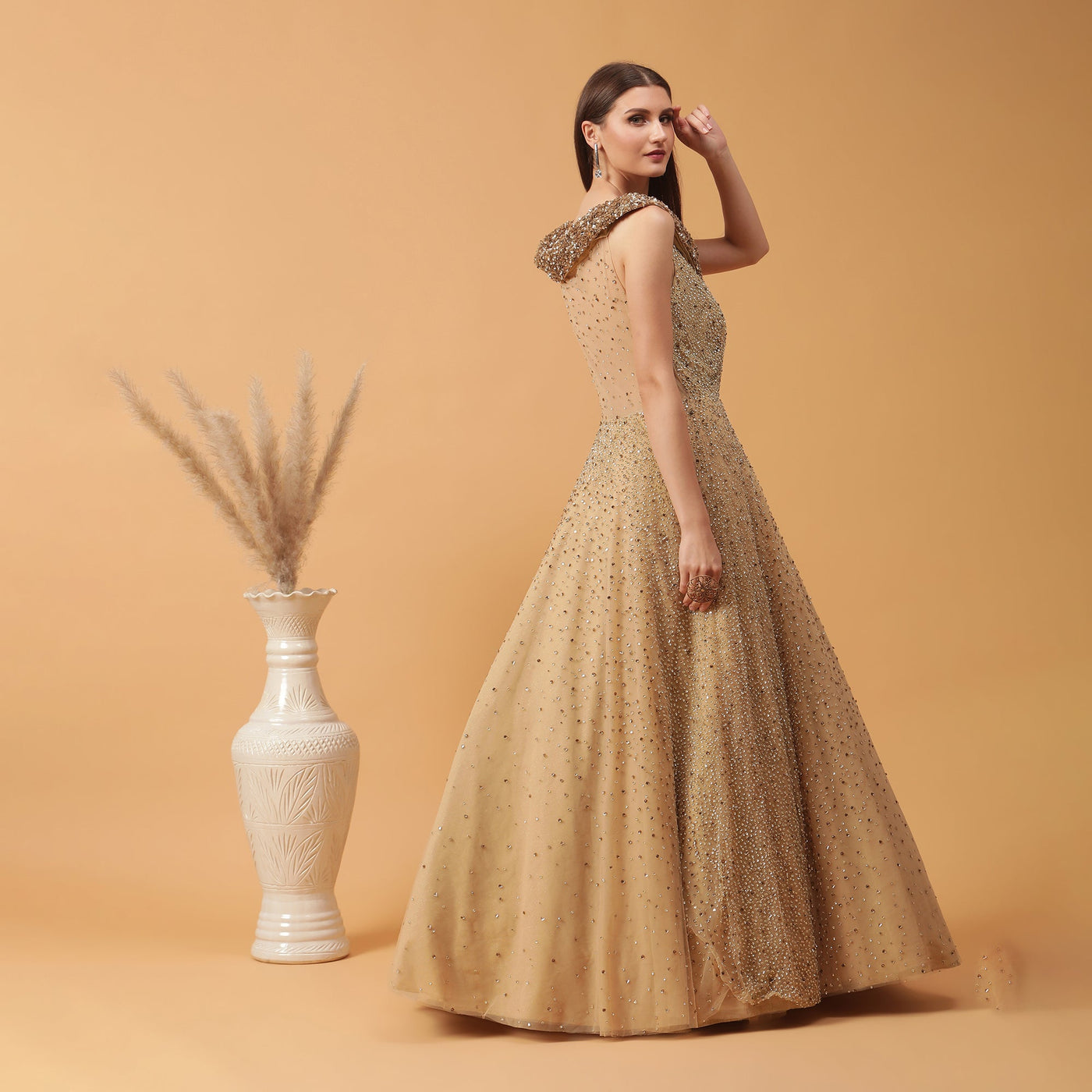 Poshek Luxe Golden Heavy Embellished Yoke Collar Off-Shoulder Gown