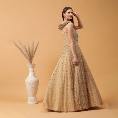 Poshek Luxe Golden Heavy Embellished Yoke Collar Off-Shoulder Gown