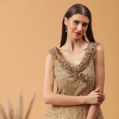 Poshek Luxe Golden Heavy Embellished Yoke Collar Off-Shoulder Gown