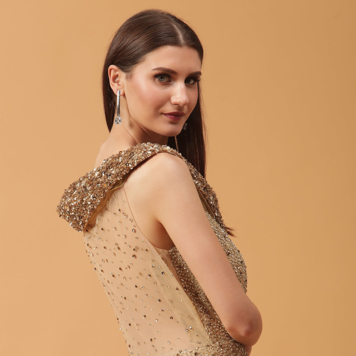 Poshek Luxe Golden Heavy Embellished Yoke Collar Off-Shoulder Gown