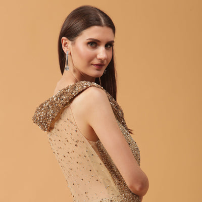 Poshek Luxe Golden Heavy Embellished Yoke Collar Off-Shoulder Gown
