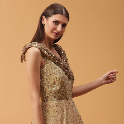 Poshek Luxe Golden Heavy Embellished Yoke Collar Off-Shoulder Gown